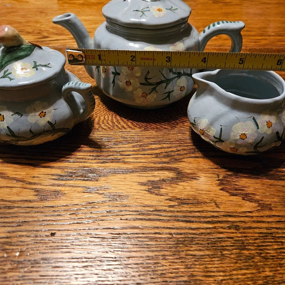 FB Italy Vintage Hand Painted Floral Tea Set Blue Ceramic Teapot Creamer Sugar